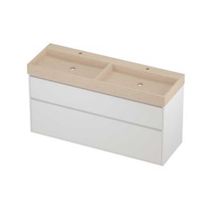 Evoli Set hardsteen Loft wastafel dubbele wasbak met 2 kraangaten en onderkast greeploos 2 laden a-symmetrisch in kader 1400x460x750mm Sand stone/matt white