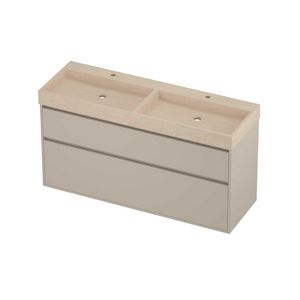 Evoli Set hardsteen Loft wastafel dubbele wasbak met 2 kraangaten en onderkast greeploos 2 laden a-symmetrisch in kader 1400x460x750mm Sand stone/Soft linen