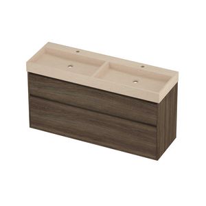 Evoli Set hardsteen Loft wastafel dubbele wasbak met 2 kraangaten en onderkast greeploos 2 laden a-symmetrisch in kader 1400x460x750mm Sand stone/Vital oak