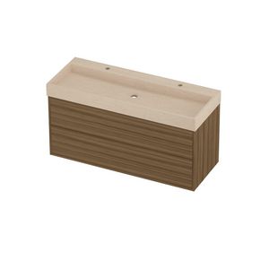 Evoli Set hardsteen Loft wastafel centraal met 2 kraangaten en onderkast tbv grepen 2 laden symmetrisch in kader 1200x460x620mm Sand stone/Caramel walnut
