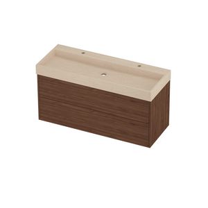Evoli Set hardsteen Loft wastafel centraal met 2 kraangaten en onderkast tbv grepen 2 laden symmetrisch in kader 1200x460x620mm Sand stone/Indian walnut