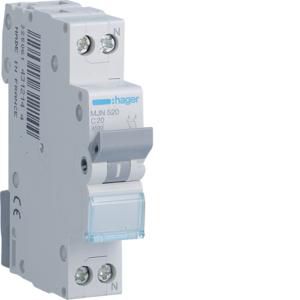 Installatieautomaat 1-polig + Nul 20A C-karakteristiek 4,5 kA