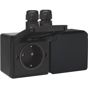 Spuitwaterdicht dubbel horizontale stopcontact 2xM20 insteek zwart