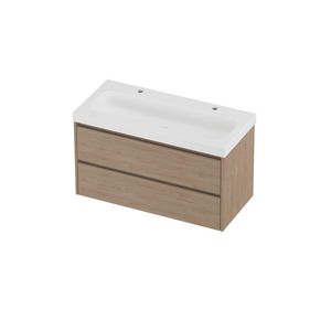 Haga Set polystone Mezza wastafel met 2 kraangaten en onderkast symmetrisch 1000x460x580mm matt White/Ideal oak