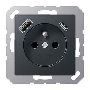 Wandcontactdoos +lader antraciet mat penaarde+USB-A+C