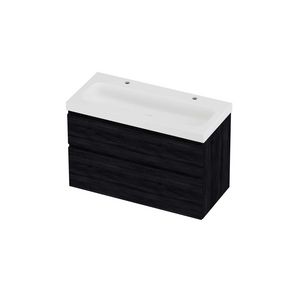 Haga Set polystone Mezza wastafel met 2 kraangaten en onderkast a-symmetrisch 1000x460x660mm matt White/Black oak