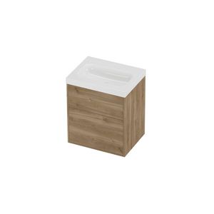 Haga Set polystone Mezza wastafel zonder kraangat en onderkast tbv grepen 2 laden a-symmetrisch in kader 600x460x730mm glans wit/Cider oak