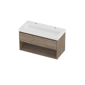 Haga Set polystone Mezza wastafel met 2 kraangaten en onderkast met schap 1000x460x580mm matt White/Raw oak