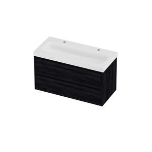 Haga Set polystone Mezza wastafel met 2 kraangaten en onderkast symmetrisch 1000x460x580mm matt White/Black oak