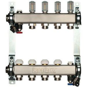 Leidingverdeler RVS  10-groeps 8633 incl. thermostaatventielen in retour + Flowmeters 6l/min.
