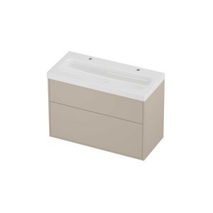 Haga Set polystone Mezza wastafel met 2 kraangaten en onderkast tbv grepen 2 laden a-symmetrisch in kader 1000x460x730mm glans wit/Soft linen