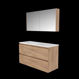 Set COMFORT-46 onderkast 120cm Whisky Oak greeploos 2x la acryl wastafel z/ kraangat spiegelkast (C46GL1202A0WO)