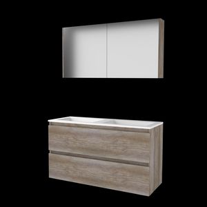 Set COMFORT-46 onderkast 120cm Scotch Oak greeploos 2x la acryl wastafel z/ kraangat spiegelkast (C46GL1202A0SO)