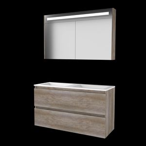Set PREMIUM-46 onderkast scotch oak 120cm greeploos 2x la acryl wastafel z/ kraangat spiegelkast geïn. LED-verl. (P46GL1202A0SO)