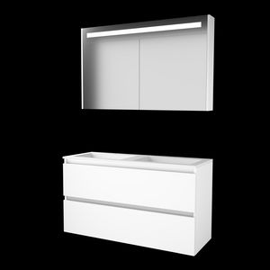 Set PREMIUM-46 onderkast ice white 120cm greeploos 2x la acryl wastafel 2x kraangat spiegelkast geïn. LED-verl. (P46GL1202A2IW)