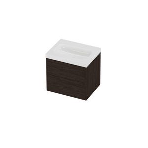 Haga Set polystone Mezza wastafel zonder kraangat en onderkast tbv grepen 2 laden symmetrisch in kader 600x460x580mm glans wit/Mokka oak