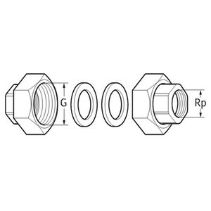 Set a 2st. koppelingen vlakdichtend + pakking malleable 1"x1/2"bn.