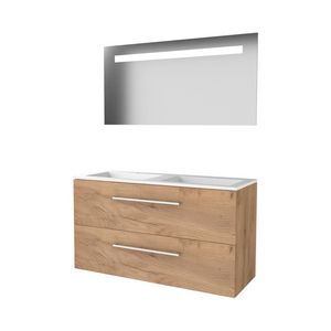 Set ECONOMIC-46 onderkast whisky oak 120cm grepen chroom 2x la acryl wastafel 2x kraangat spiegel geïn. LED-verl. (E46GR1202A2WO)