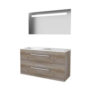 Set ECONOMIC-46 onderkast scotch oak 120cm grepen chroom 2x la acryl wastafel 2x kraangat spiegel geïn. LED-verl. (E46GR1202A2SO)