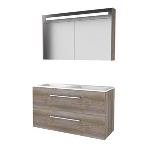Set PREMIUM-46 onderkast scotch oak 120cm grepen chroom 2x la acryl wastafel z/ kraangat spiegelkast geïn. LED-verl. (P46GR1202A0SO)