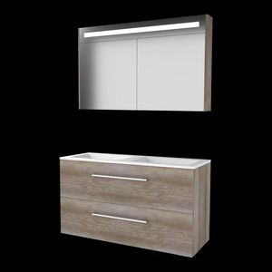 Set PREMIUM-46 onderkast scotch oak 120cm grepen chroom 2x la acryl wastafel 2x kraangat spiegelkast geïn. LED-verl. (P46GR1202A2SO)