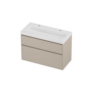 Haga Set polystone Mezza wastafel met 2 kraangaten en onderkast greeploos 2 laden a-symmetrisch in kader 1000x460x730mm glans wit/Soft linen