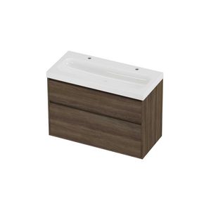 Haga Set polystone Mezza wastafel met 2 kraangaten en onderkast greeploos 2 laden a-symmetrisch in kader 1000x460x730mm glans wit/Vital oak
