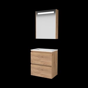 Set PREMIUM-39 onderkast whisky oak 60cm greeploos 2x la porselein wastafel 1x kraangat spiegelkast geïn. LED-verl. (P39GL60PWO)
