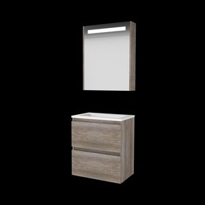 Set PREMIUM-39 onderkast scotch oak 60cm greeploos 2x la porselein wastafel 1x kraangat spiegelkast geïn. LED-verl. (P39GL60PSO)