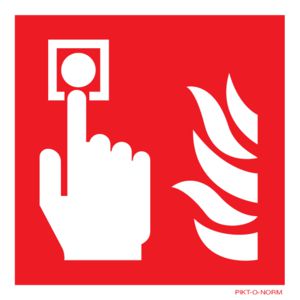 Sticker picto handmelder met vlam 100x100 fond rood/afb. wit (809-333130)