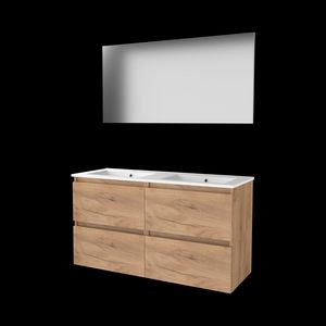 Set BASIC-46 onderkast 120cm Whisky Oak (2x 60cm) greeploos 4x la porselein wastafel 2x kraangat spiegel op plaat (B46GL120PWO)