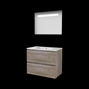 Set ECONOMIC-46 onderkast scotch oak 80cm greeploos 2x la porselein wastafel 1x kraangat spiegel geïn. LED-verl. (E46GL80PSO)