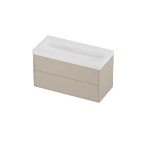 Haga Set polystone Mezza wastafel zonder kraangat en onderkast tbv grepen 2 laden symmetrisch in kader 1000x460x580mm glans wit/Soft linen