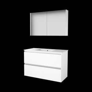Set COMFORT-46 onderkast 100cm Ice White greeploos 2x la porselein wastafel 1x kraangat spiegelkast (C46GL100PIW)