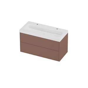 Haga Set polystone Mezza wastafel met 2 kraangaten en onderkast tbv grepen 2 laden symmetrisch in kader 1000x460x580mm glans wit/Beauty blush
