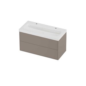 Haga Set polystone Mezza wastafel met 2 kraangaten en onderkast tbv grepen 2 laden symmetrisch in kader 1000x460x580mm glans wit/Clay beige