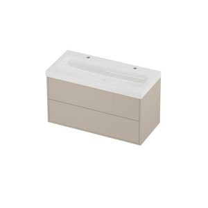 Haga Set polystone Mezza wastafel met 2 kraangaten en onderkast tbv grepen 2 laden symmetrisch in kader 1000x460x580mm glans wit/Soft linen