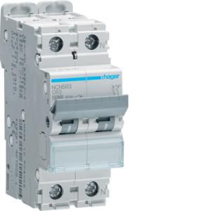 Installatieautomaat 1-polig + Nul 63A C-karakteristiek 10 (15)kA