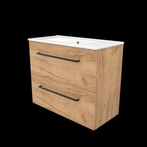 Set START-39 onderkast whisky oak 80cm grepen chroom 2x la porselein wastafel 1x kraangat (S39GR80PWO)