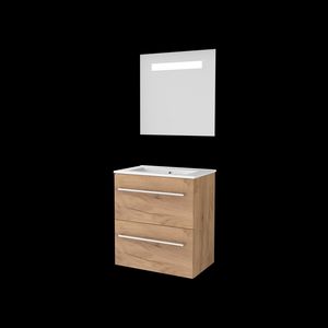 Set ECONOMIC-39 onderkast whisky oak 60cm grepen chroom 2x la porselein wastafel 1x kraangat spiegel geïn. LED-verl. (E39GR60PWO)