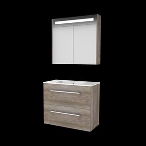 Set PREMIUM-39 onderkast scotch oak 80cm grepen chroom 2x la porselein wastafel 1x kraangat spiegelkast geïn. LED-verl. (P39GR80PSO)