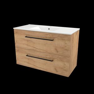 Set START-46 onderkast whisky oak 100cm grepen chroom 2x la porselein wastafel 1x kraangat (S46GR100PWO)