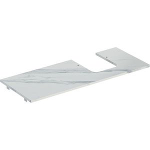 Wastafelblad porselein voor opzetwastafel 120cm wit marmerlook mat uitsparing afgerond rechts ONE