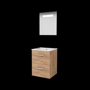 Set ECONOMIC-46 onderkast whisky oak 50cm grepen chroom 2x la porselein wastafel 1x kraangat spiegel geïn. LED-verl. (E46GR50PWO)