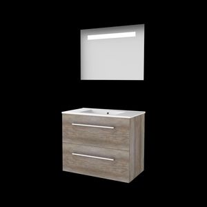 Set ECONOMIC-46 onderkast scotch oak 80cm grepen chroom 2x la porselein wastafel 1x kraangat spiegel geïn. LED-verl. (E46GR80PSO)
