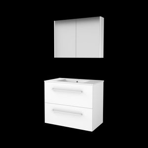 Set COMFORT-46 onderkast 80cm Ice White grepen chroom 2x la porselein wastafel 1x kraangat spiegelkast (C46GR80PIW)