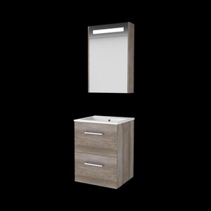 Set PREMIUM-46 onderkast scotch oak 50cm grepen chroom 2x la porselein wastafel 1x kraangat spiegelkast geïn. LED-verl. (P46GR50PSO)