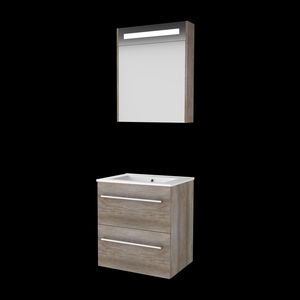 Set PREMIUM-46 onderkast scotch oak 60cm grepen chroom 2x la porselein wastafel 1x kraangat spiegelkast geïn. LED-verl. (P46GR60PSO)
