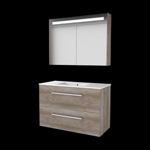 Set PREMIUM-46 onderkast scotch oak 100cm grepen chroom 2x la porselein wastafel 1x kraangat spiegelkast geïn. LED-verl. (P46GR100PSO)