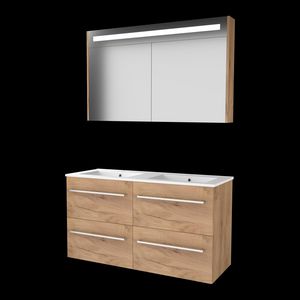 Set PREMIUM-46 onderkast whisky oak 120cm (2x 60cm) grepen chroom 4x la porselein wastafel 2x kraangat spiegelkast geïn. LED-verl. (P46GR120PWO)